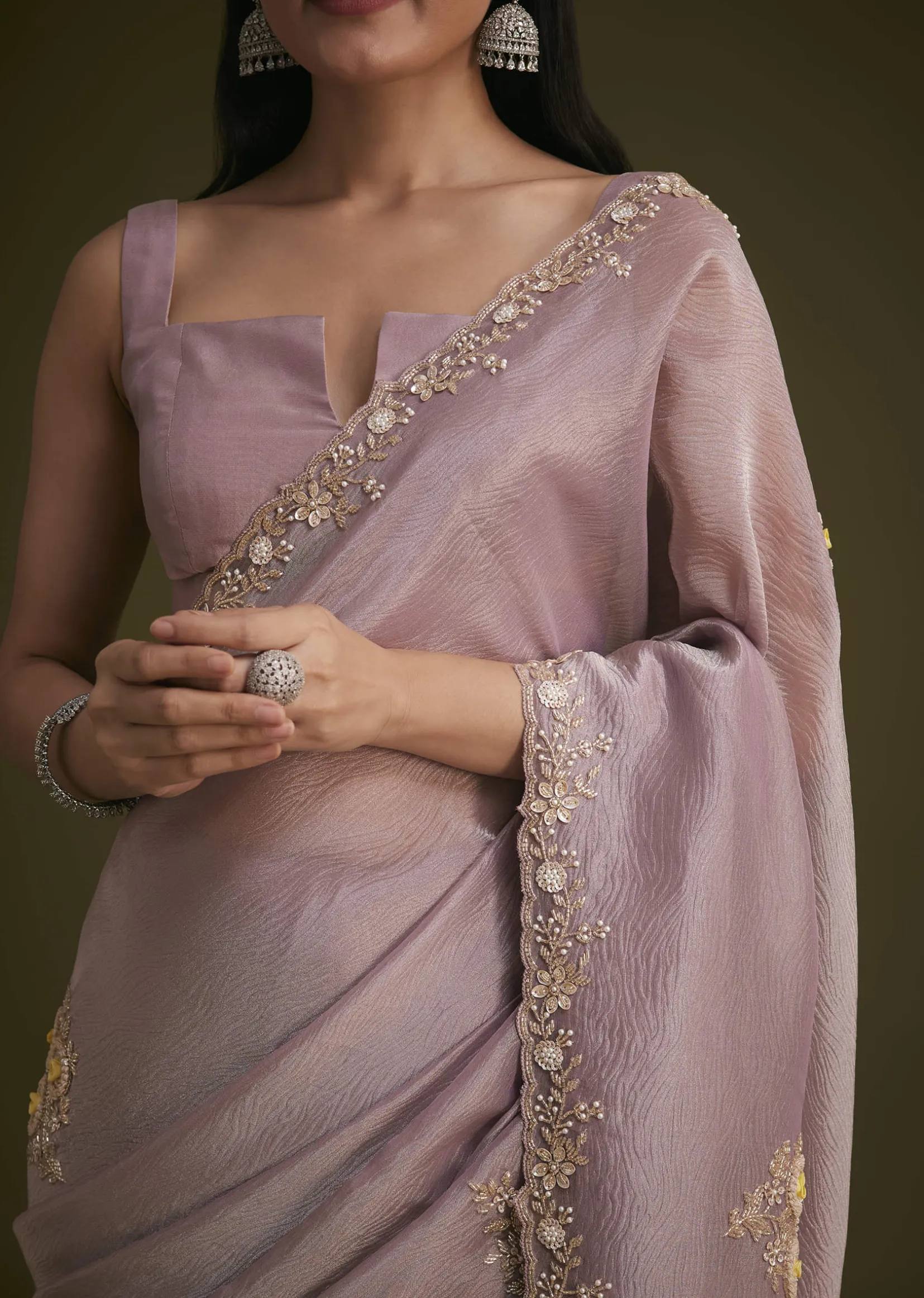 Light Purple Tissue Saree With Floral Embroidery
