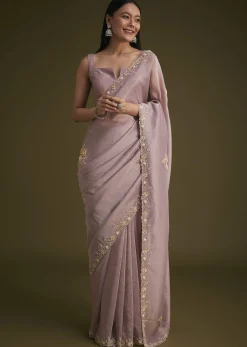 Light Purple Tissue Saree With Floral Embroidery