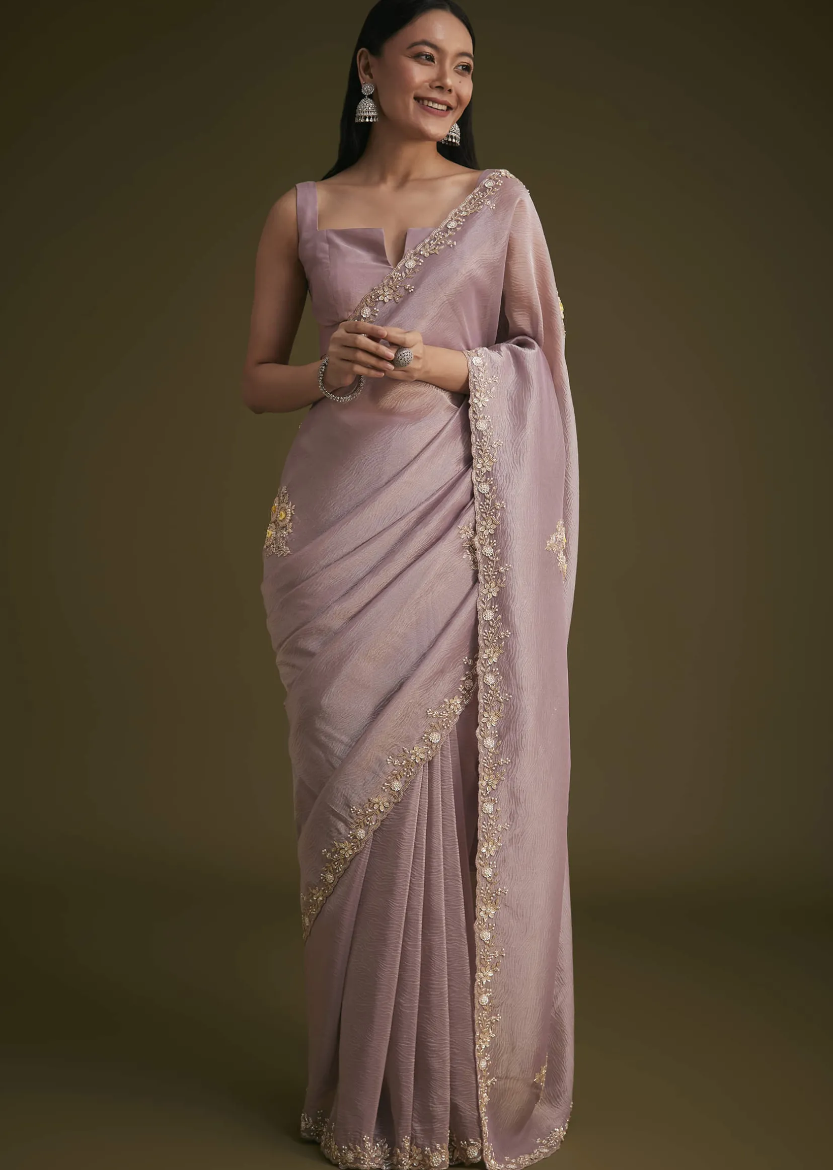 Light Purple Tissue Saree With Floral Embroidery