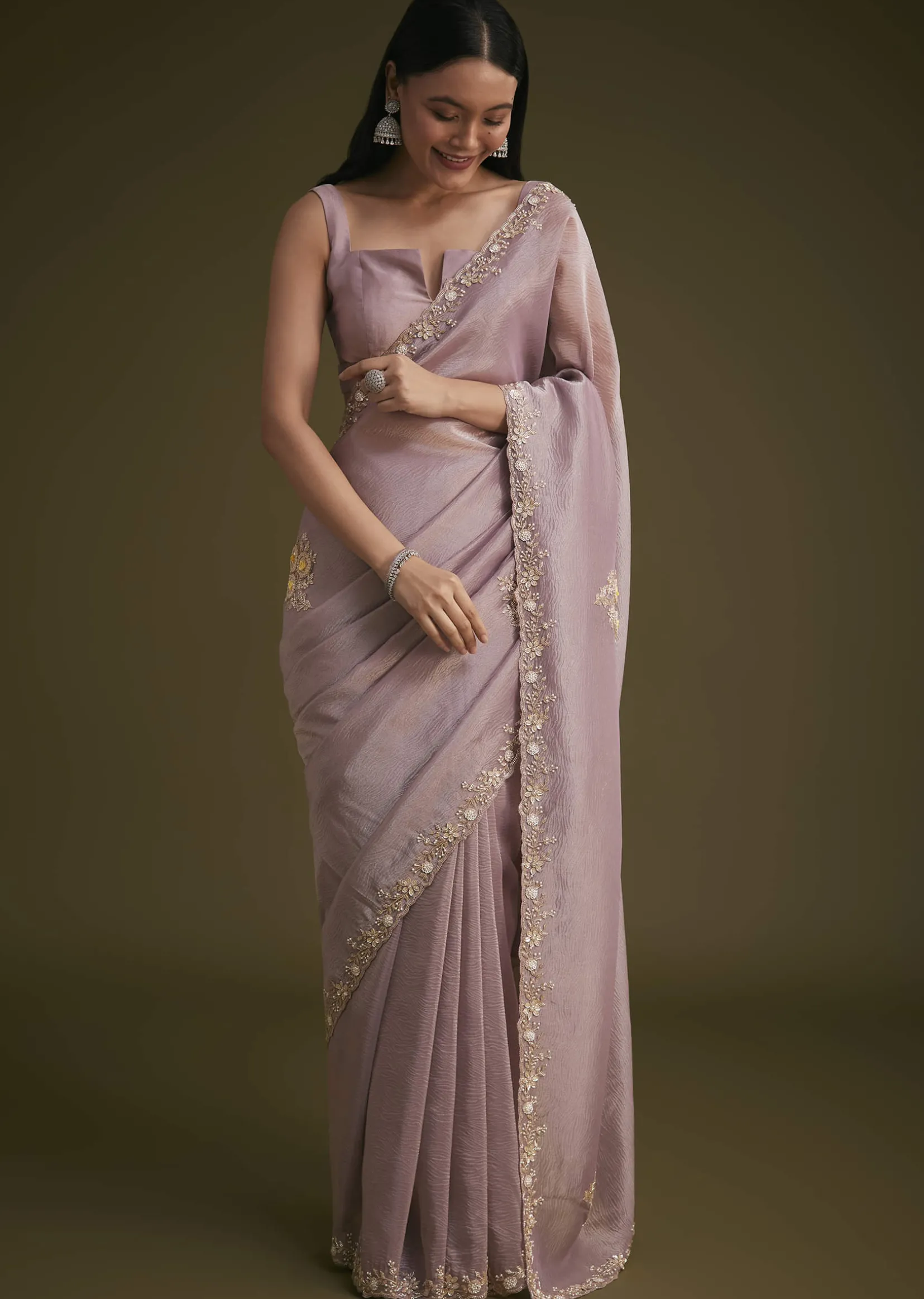 Light Purple Tissue Saree With Floral Embroidery
