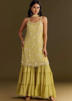 Light Yellow Chinon Embroidered Kurta Sharara With Choker Style Dupatta