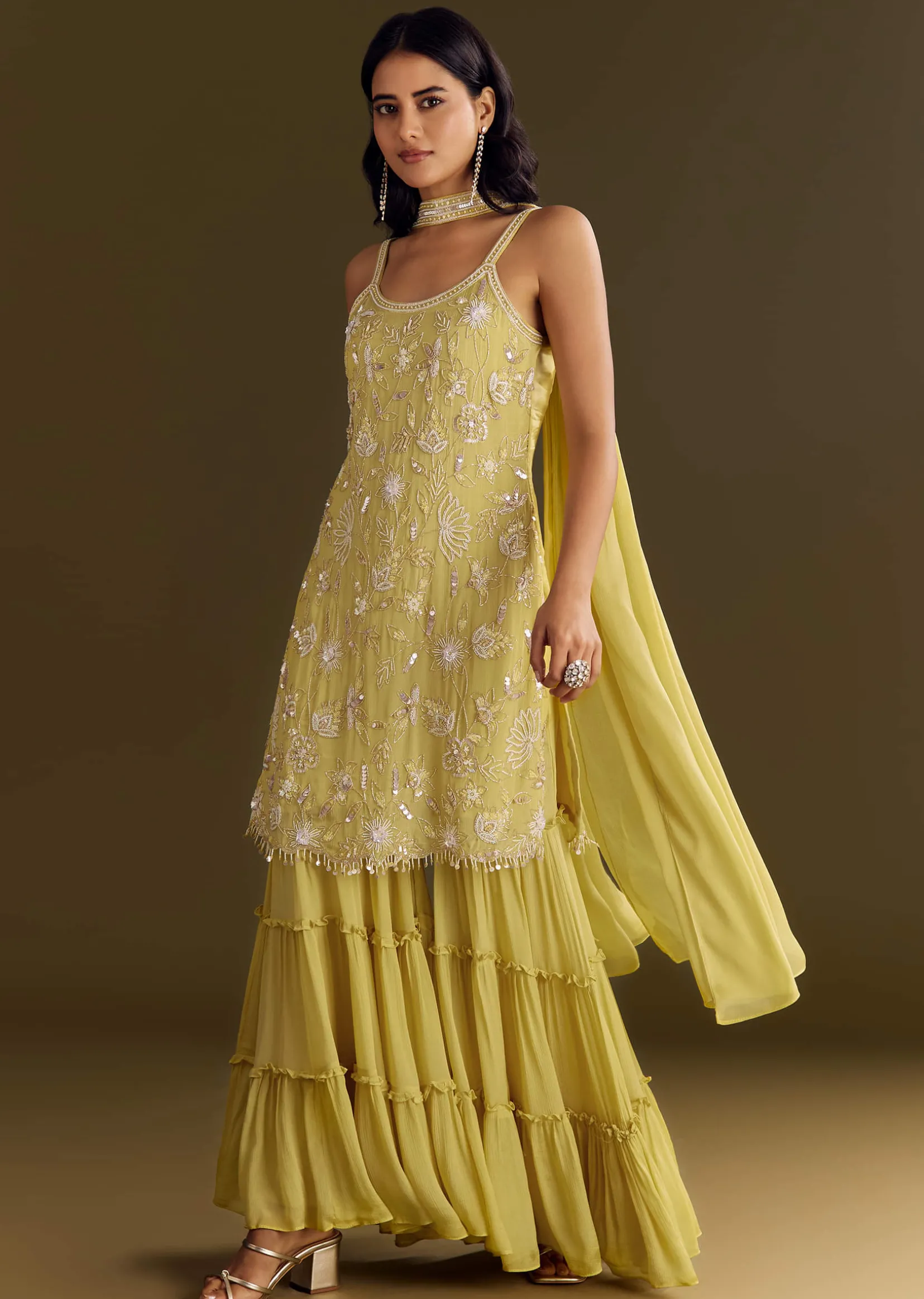 Light Yellow Chinon Embroidered Kurta Sharara With Choker Style Dupatta