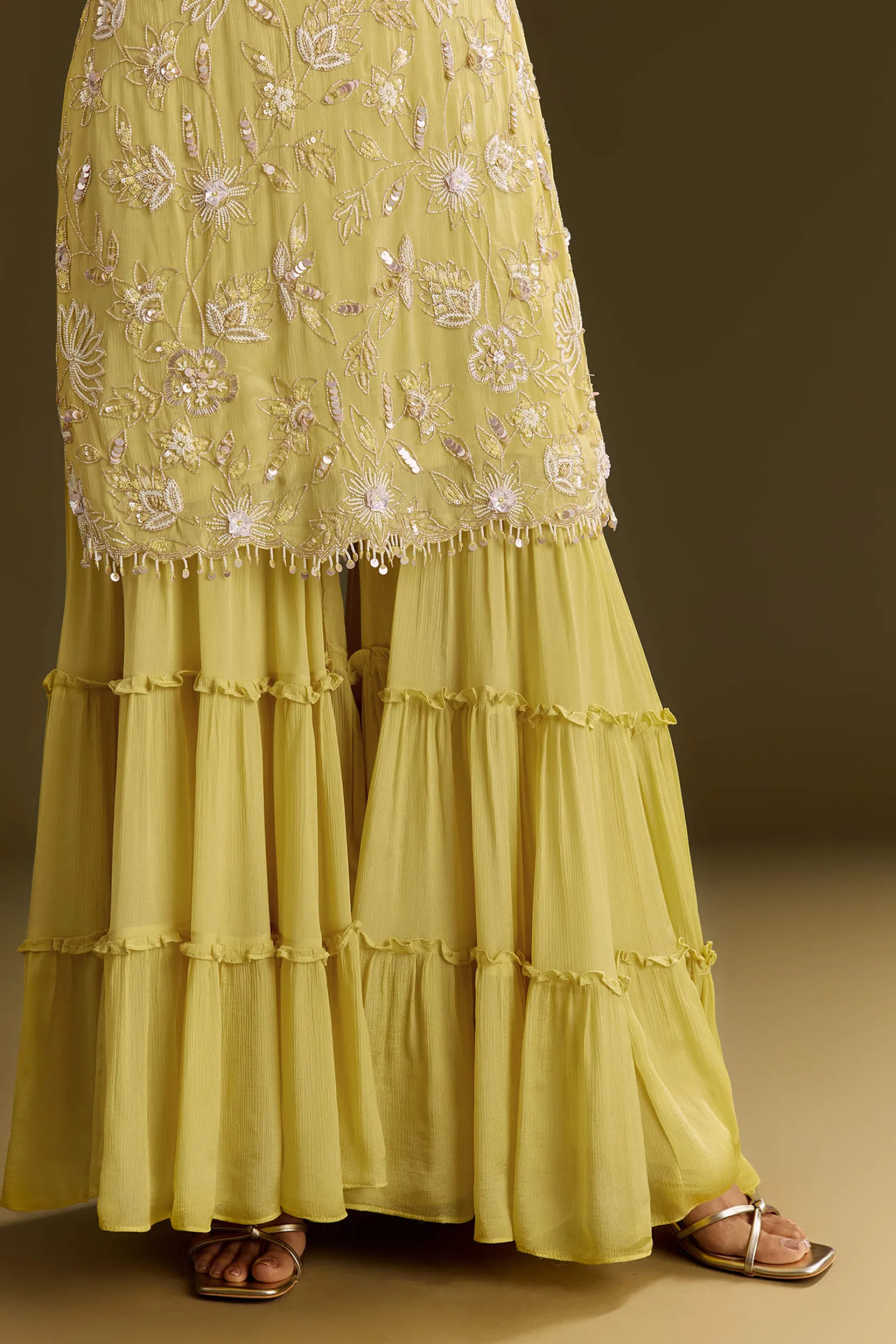Light Yellow Chinon Embroidered Kurta Sharara With Choker Style Dupatta