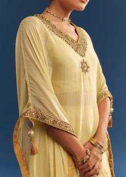 Light Yellow Embroidered Kaftan Sharara Set In Organza