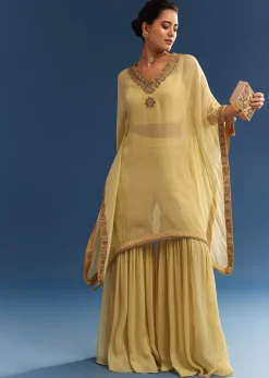 Light Yellow Embroidered Kaftan Sharara Set In Organza