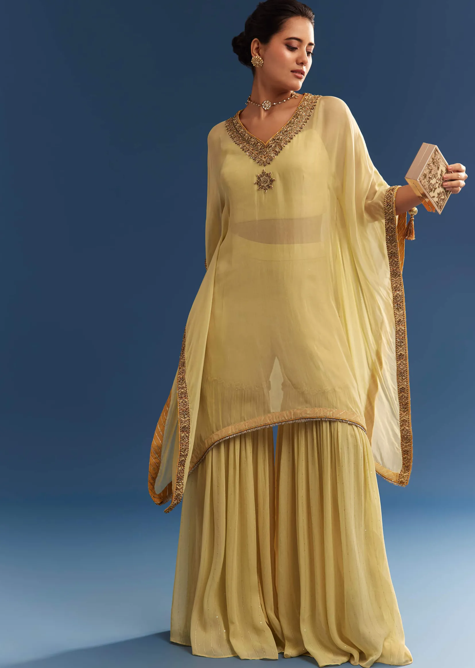 Light Yellow Embroidered Kaftan Sharara Set In Organza