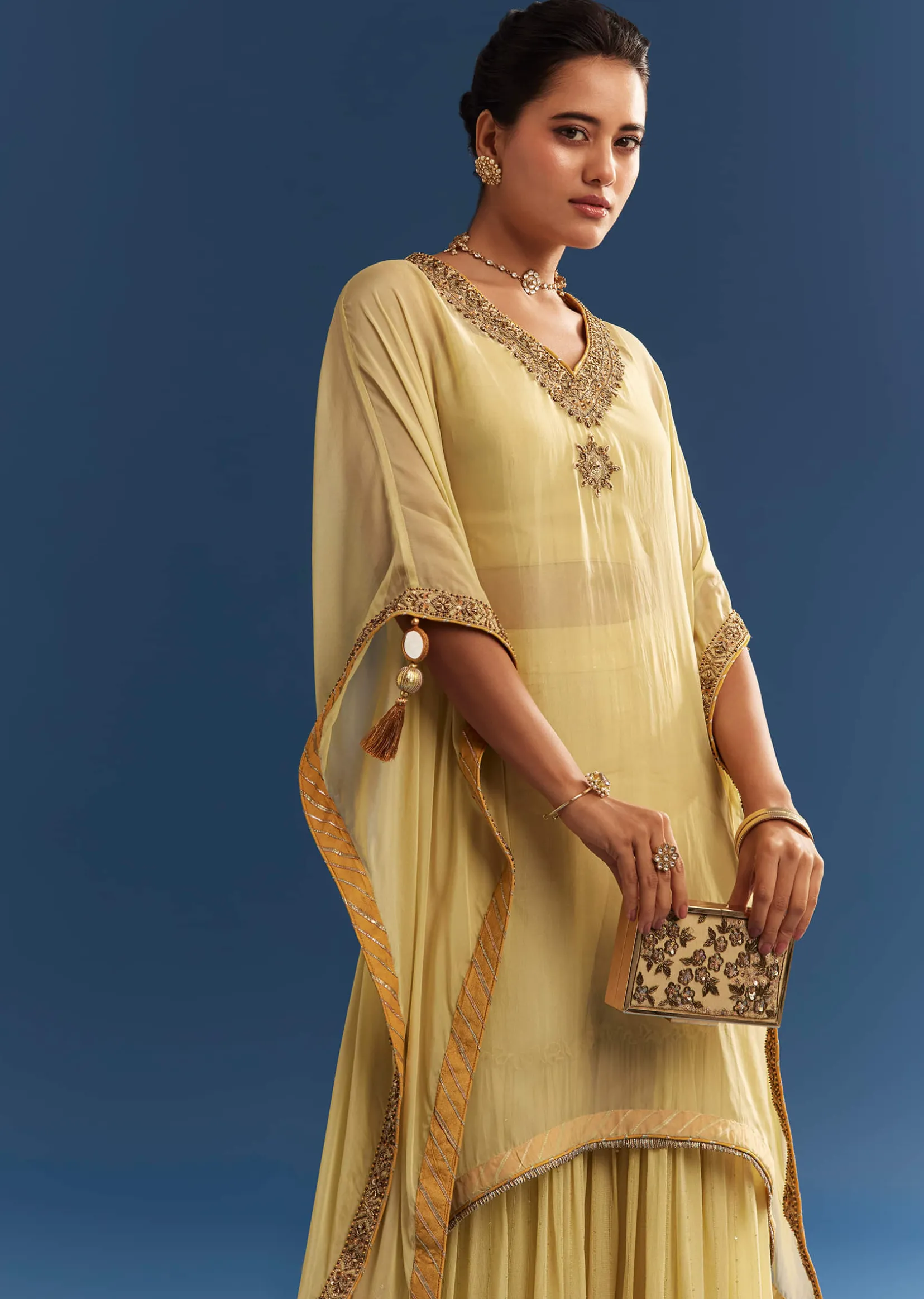 Light Yellow Embroidered Kaftan Sharara Set In Organza