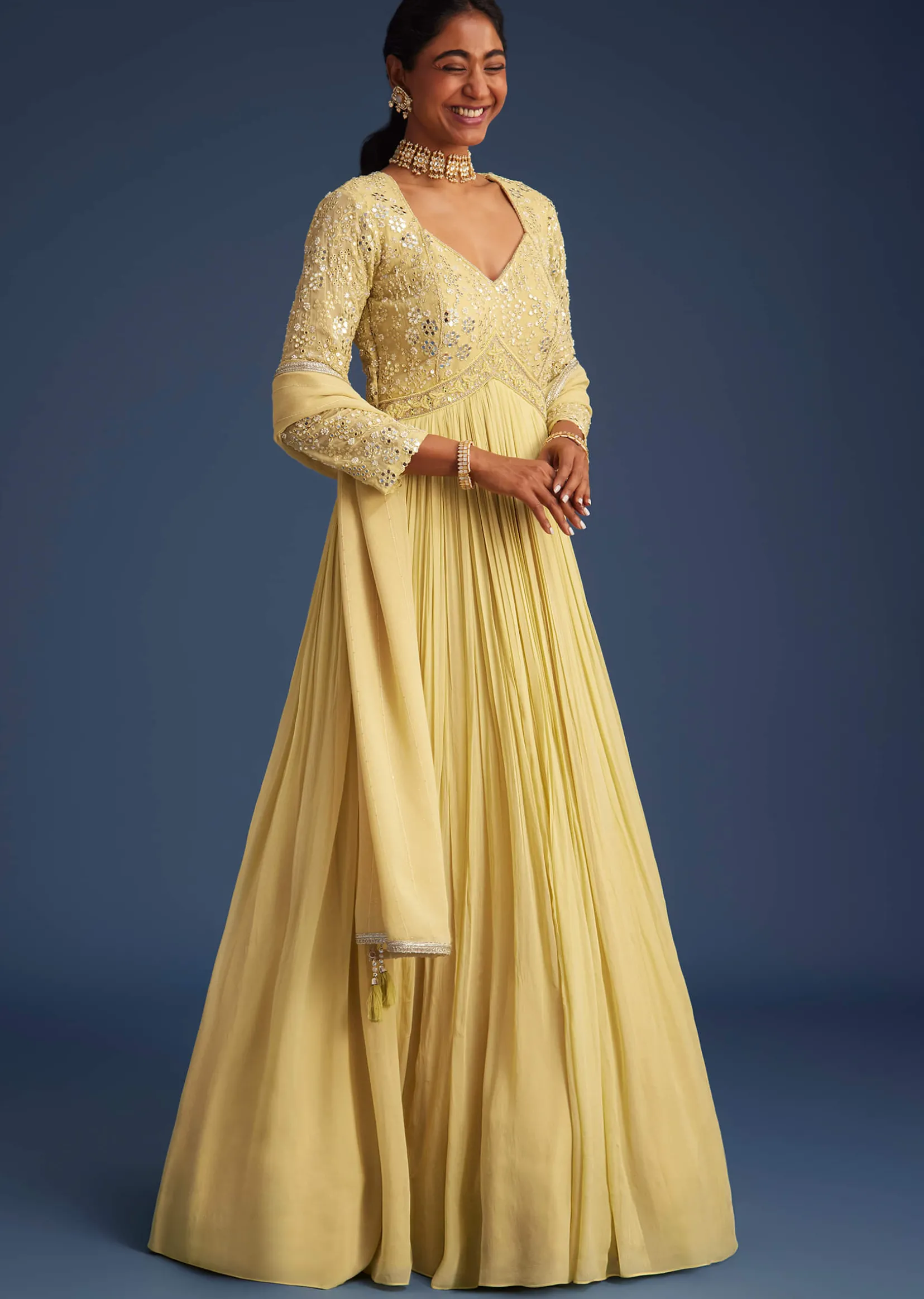 Light Yellow Georgette Anarkali With Mirror And Sequin Work
