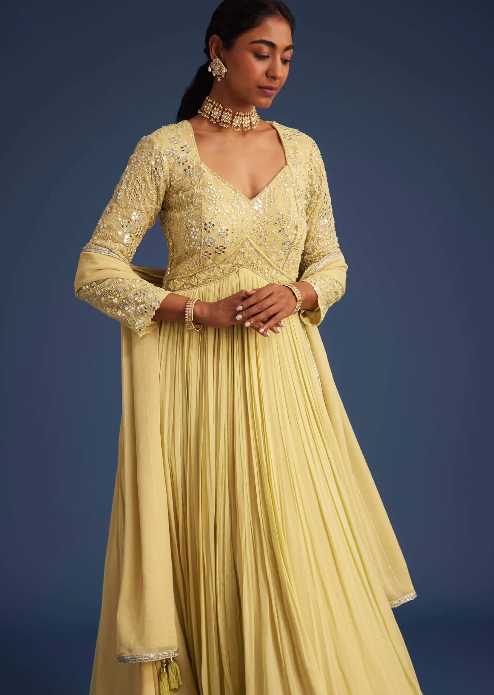 Light Yellow Georgette Anarkali With Mirror And Sequin Work