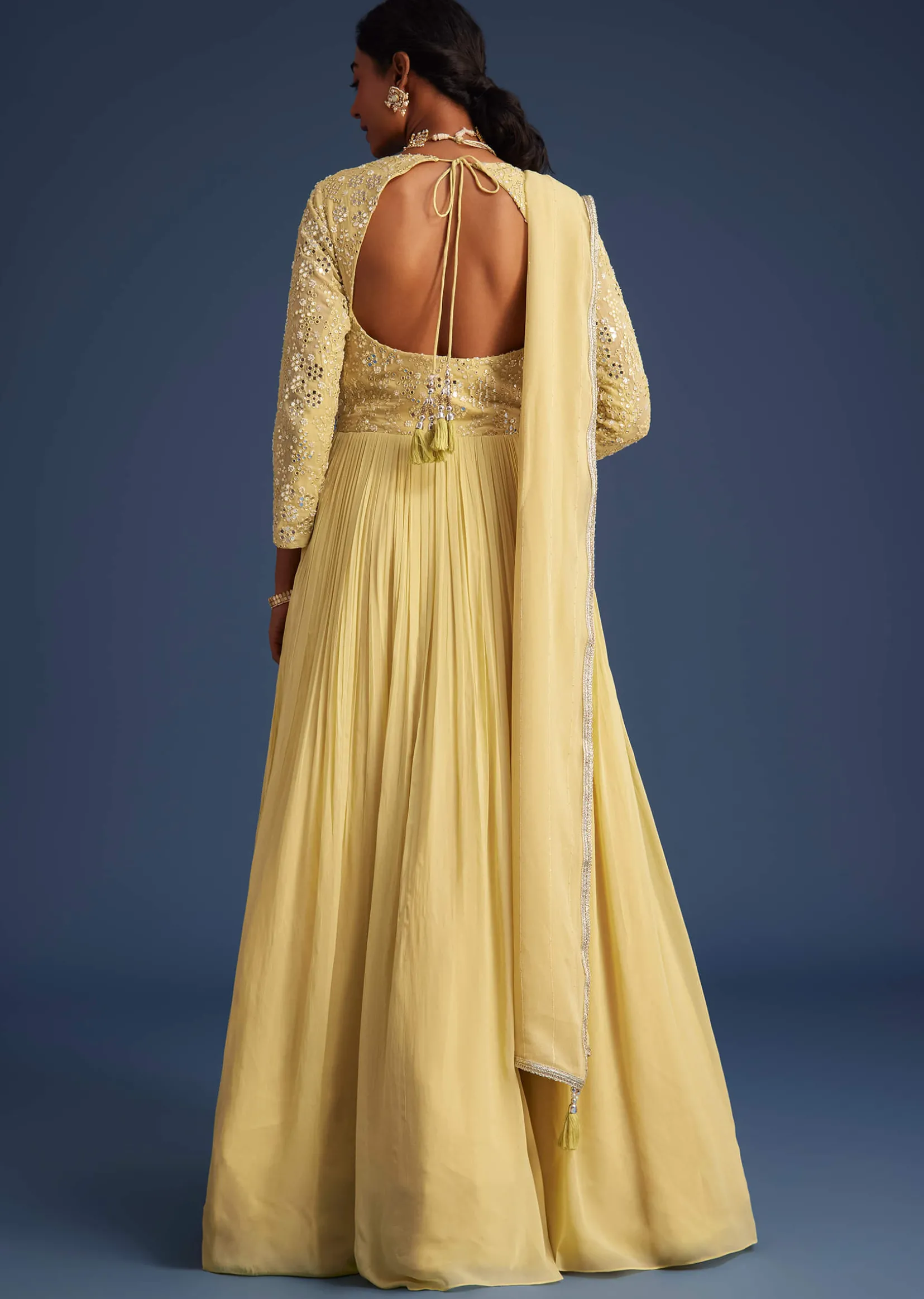 Light Yellow Georgette Anarkali With Mirror And Sequin Work