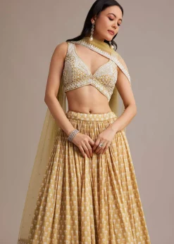 Light Yellow Printed Lehenga Set With Mirror And Moti Work