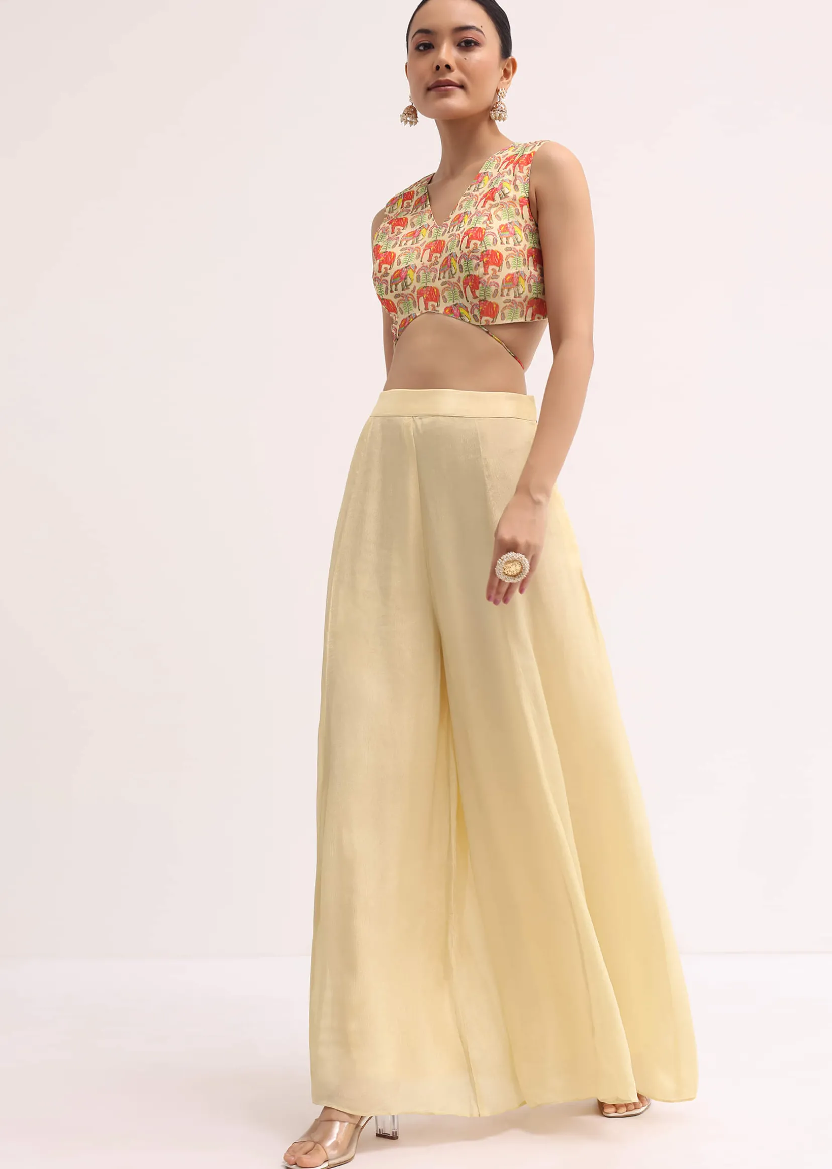 Light Yellow Printed Organza Palazzo Set With Jacket