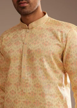 Light Yellow Silk Abstract Printed Kurta Set