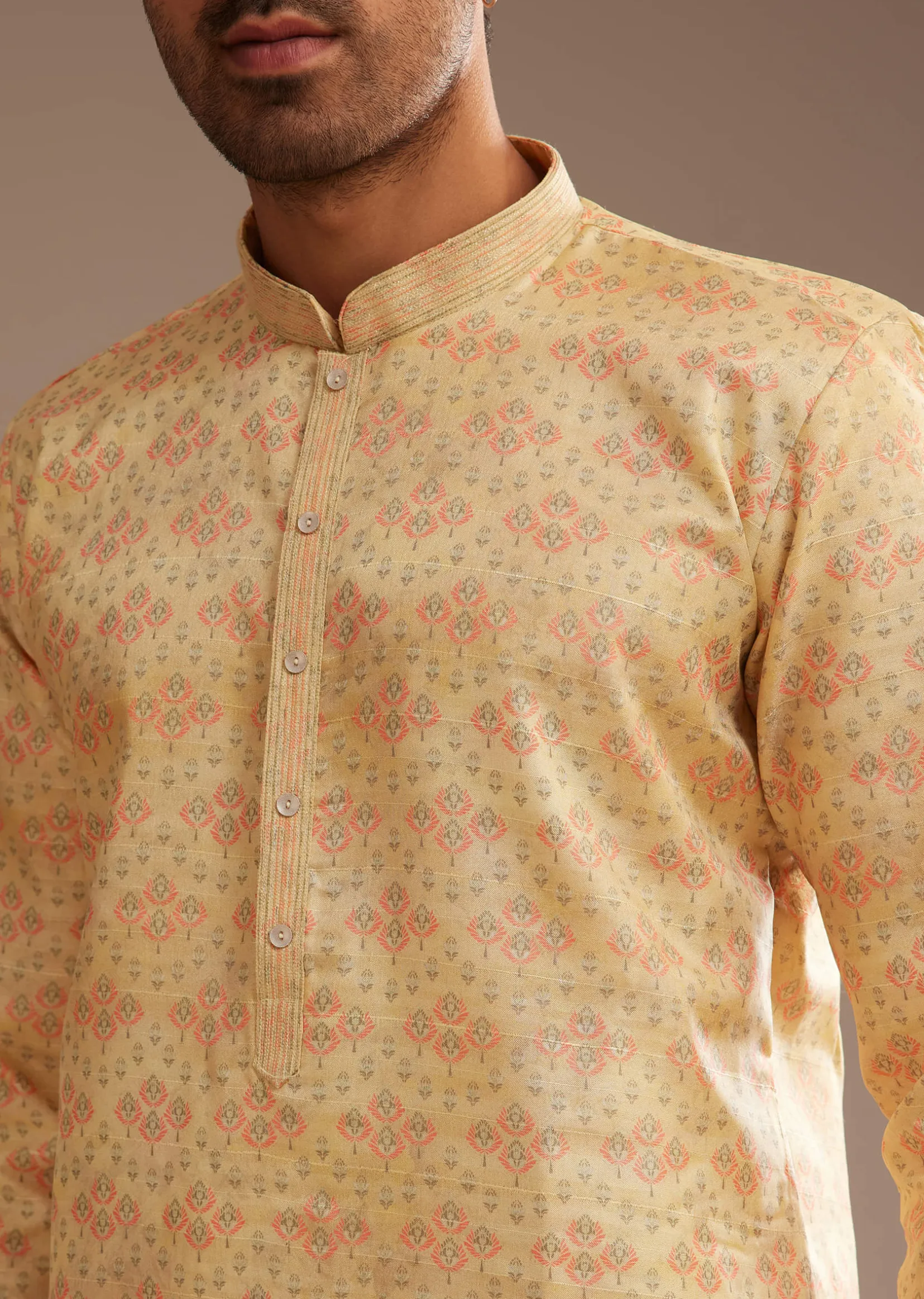 Light Yellow Silk Abstract Printed Kurta Set