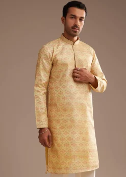 Light Yellow Silk Abstract Printed Kurta Set