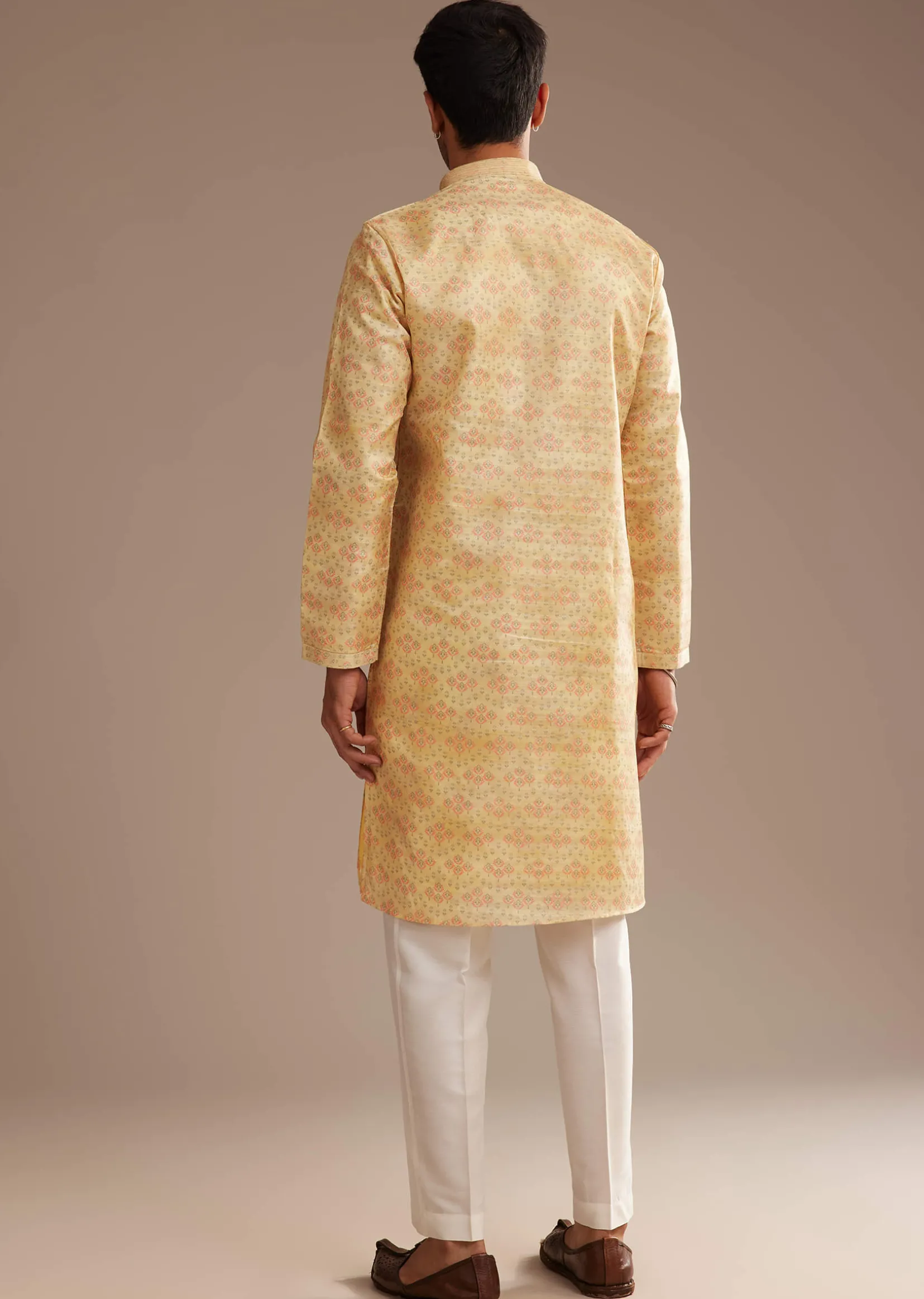 Light Yellow Silk Abstract Printed Kurta Set