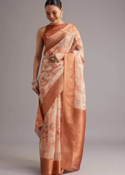 Light Yellow Tissue Silk Floral Printed Saree With Zari Woven Border