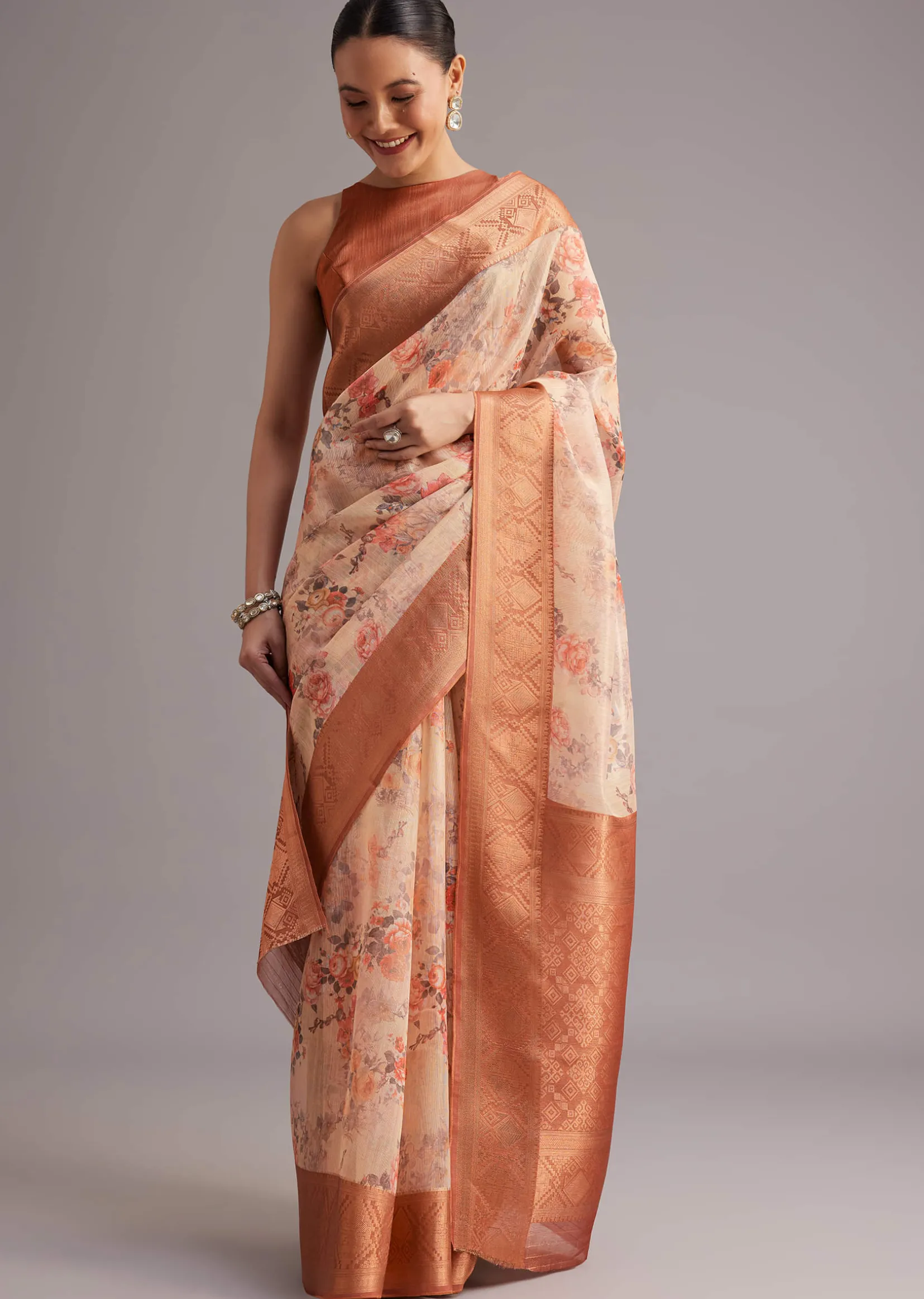 Light Yellow Tissue Silk Floral Printed Saree With Zari Woven Border