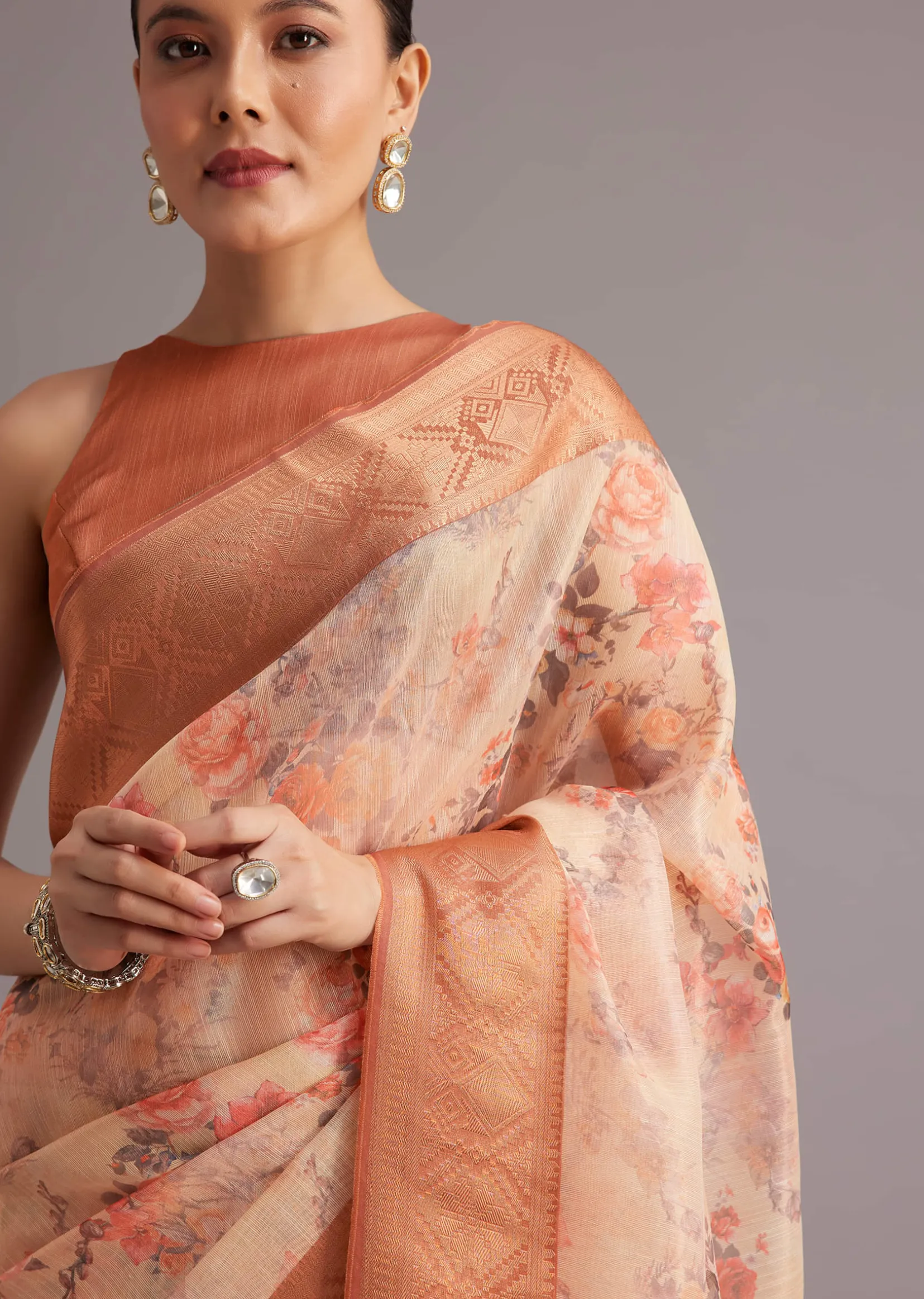 Light Yellow Tissue Silk Floral Printed Saree With Zari Woven Border