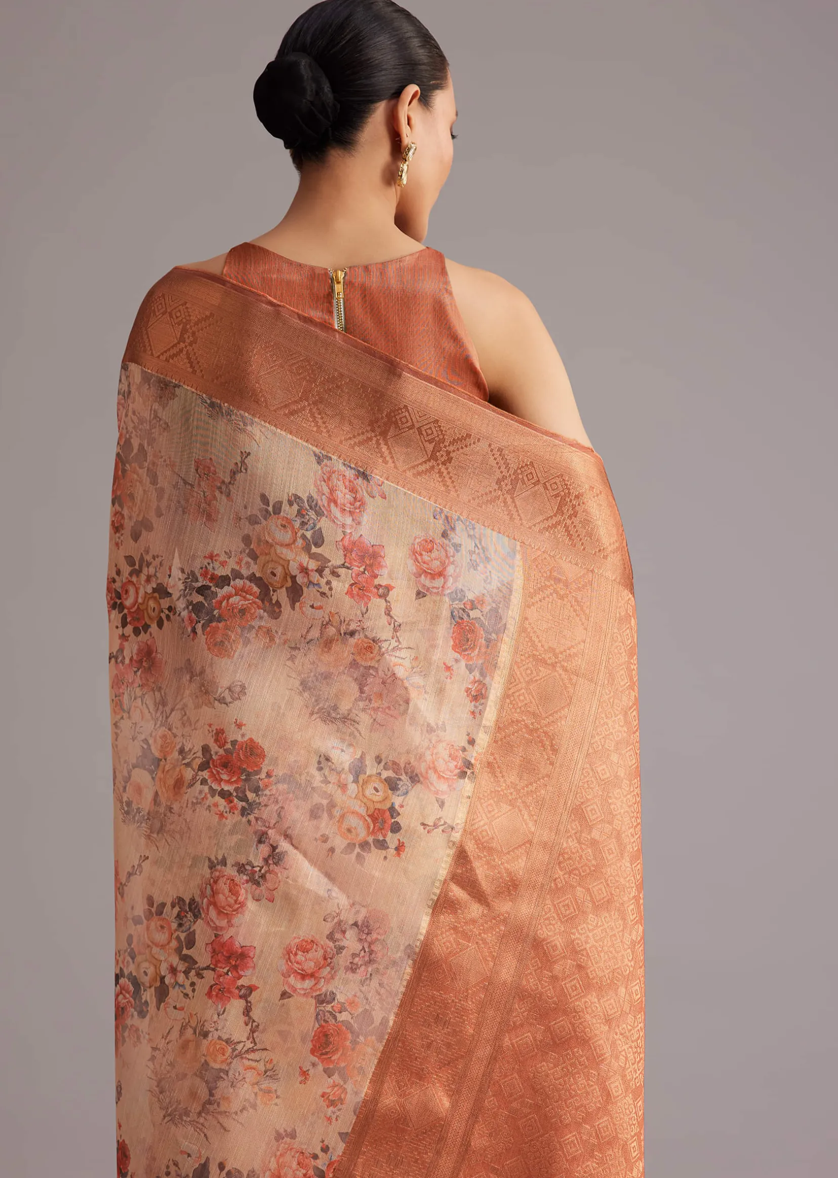 Light Yellow Tissue Silk Floral Printed Saree With Zari Woven Border