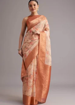 Light Yellow Tissue Silk Floral Printed Saree With Zari Woven Border