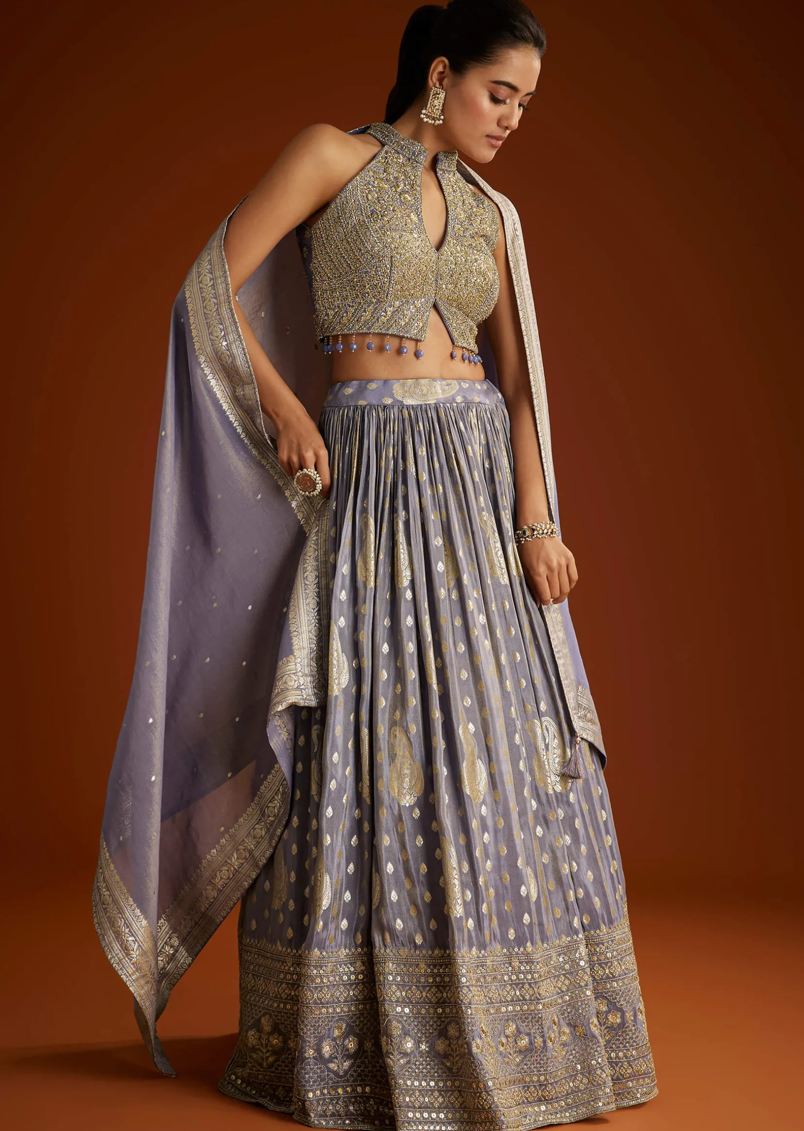 Lilac Banarasi Tissue Lehenga Dupatta With Embroidered Choli
