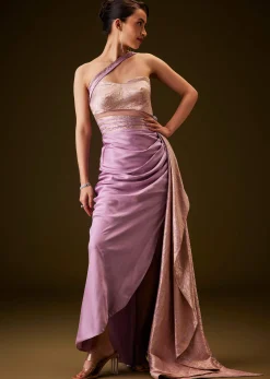 Lilac Brocade Draped Gown With Sculpted Sash