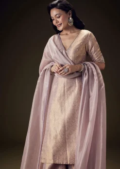 Lilac Brocade Embroidered Kurta With Palazzo And Dupatta