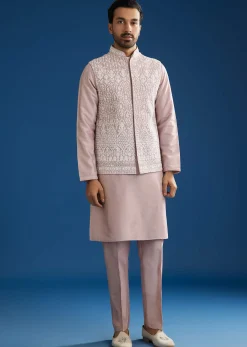 Lilac Cotton Silk Jacket Kurta Set With Mirror And Dori Embroidery