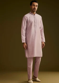 Lilac Cotton Silk Kurta Set With Mirror Threadwork Jacket