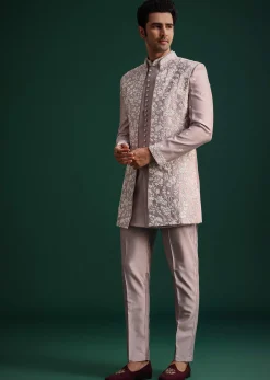 Lilac Cotton Silk Sherwani Kurta Set With Hand Work