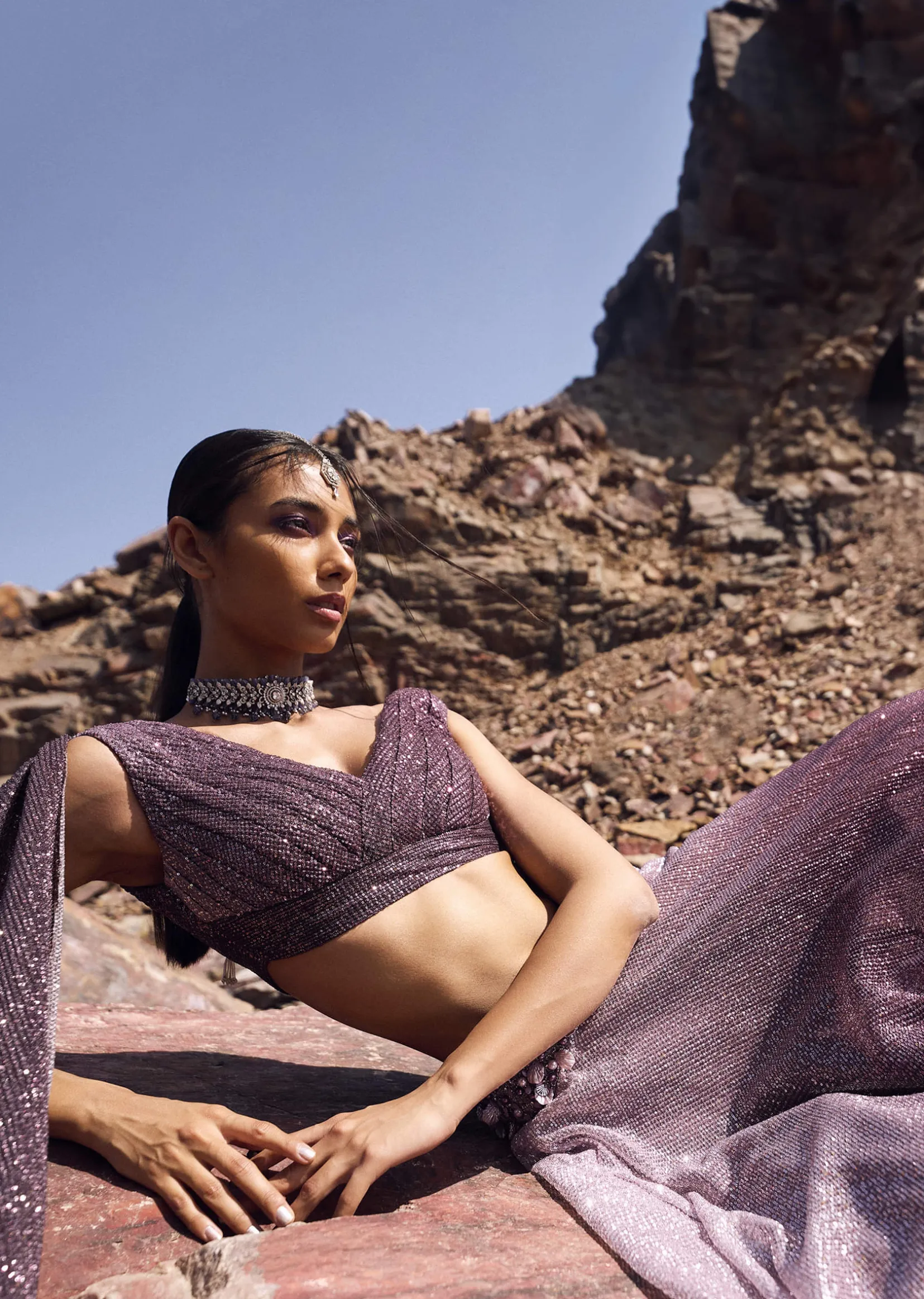 Lilac Crushed Shimmer Lehenga With Blouse And Cape