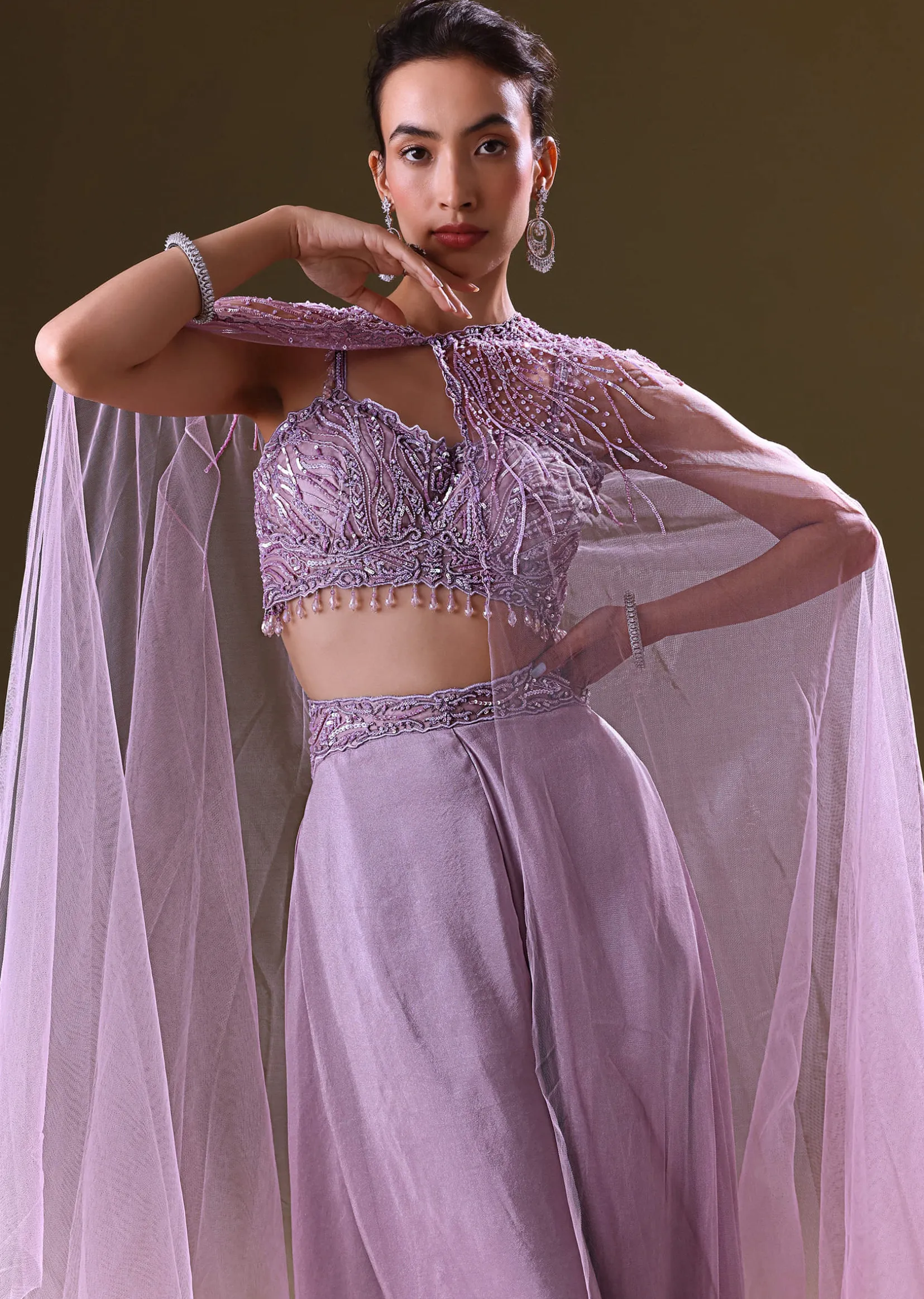 Lilac Embroidered Bustier And Cape With Flared Pant