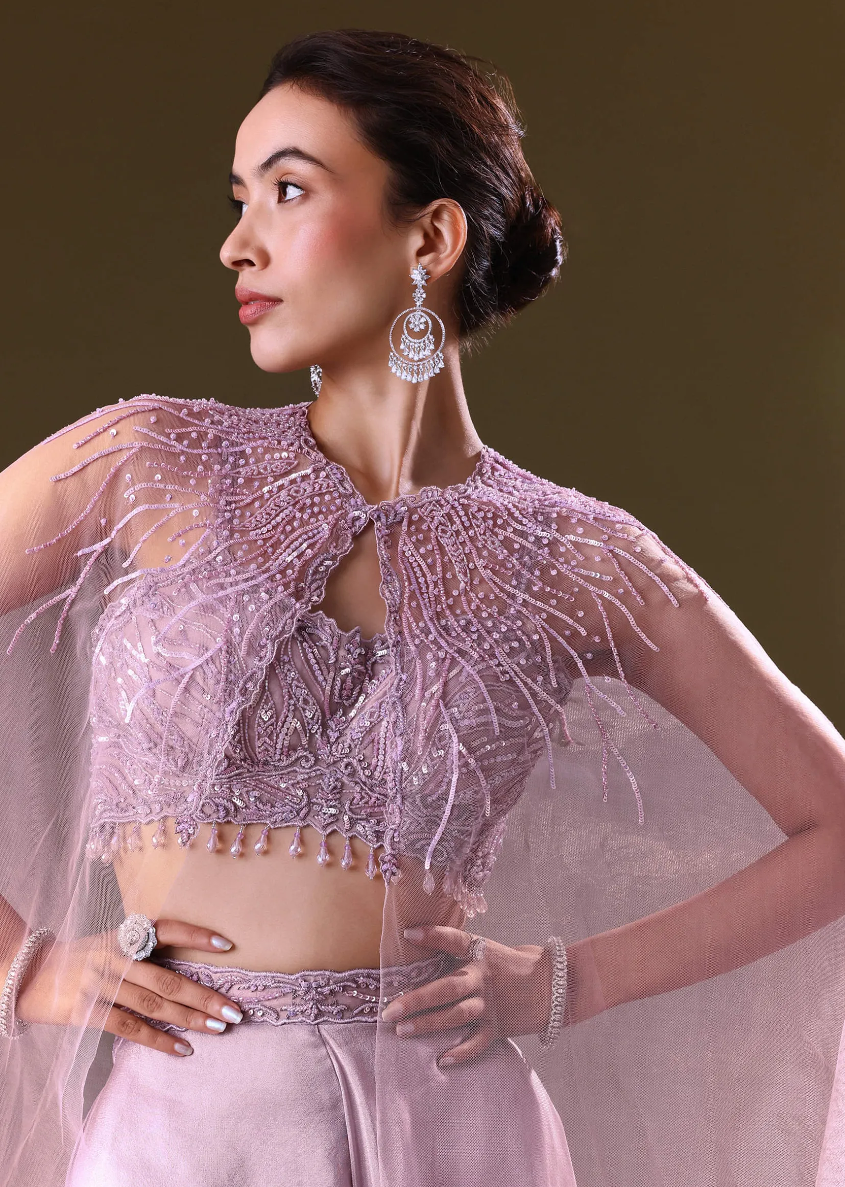 Lilac Embroidered Bustier And Cape With Flared Pant