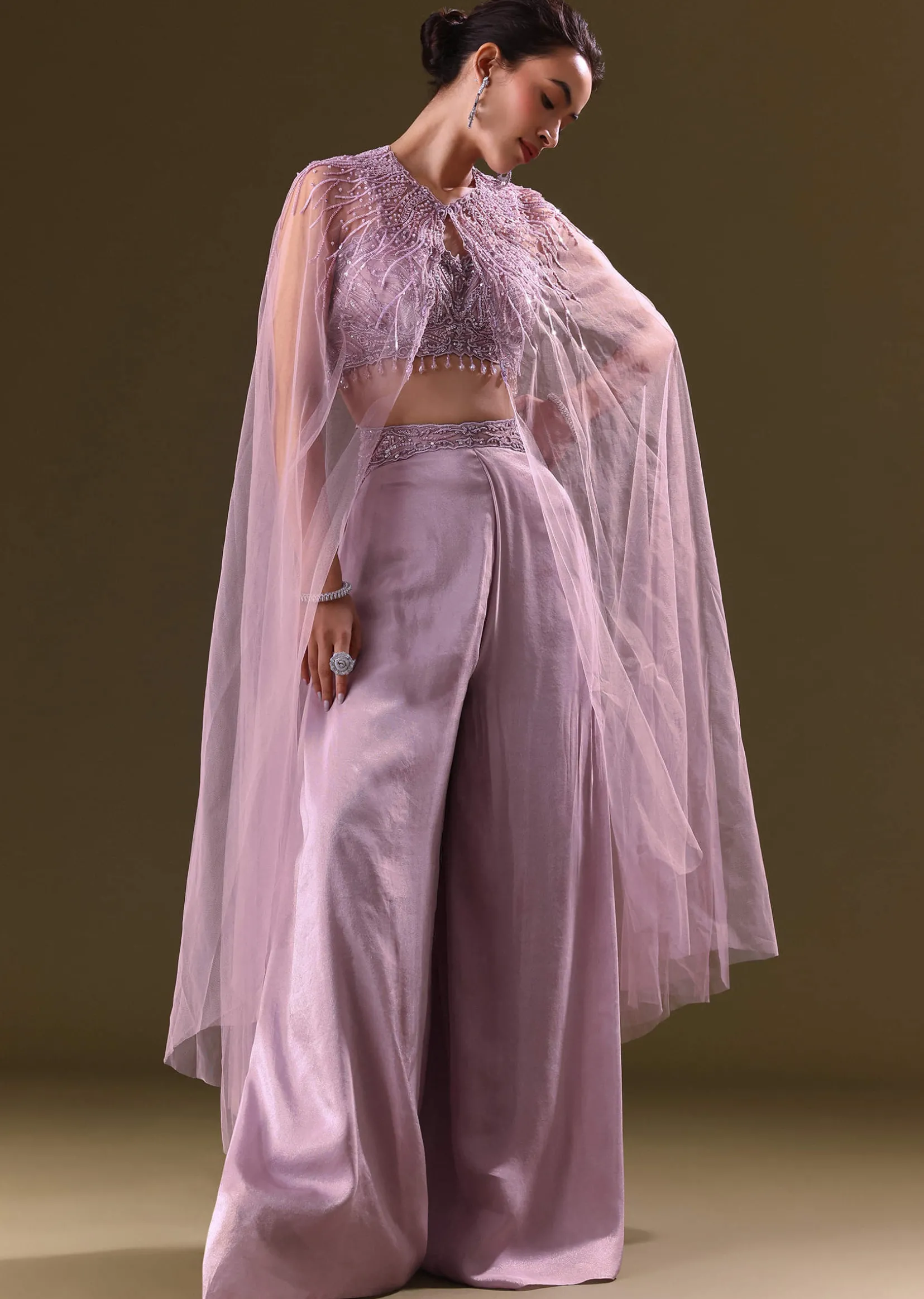 Lilac Embroidered Bustier And Cape With Flared Pant