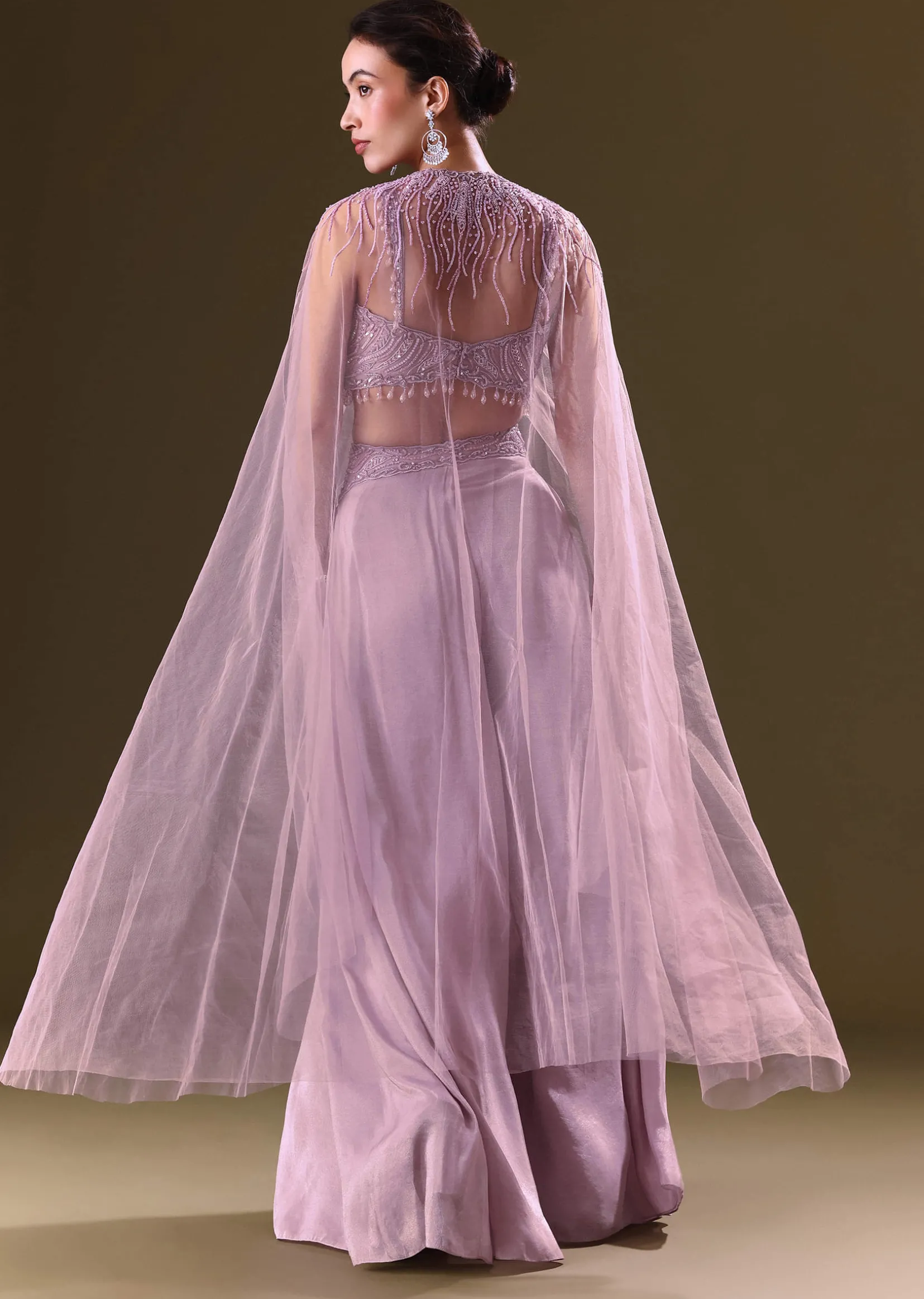 Lilac Embroidered Bustier And Cape With Flared Pant