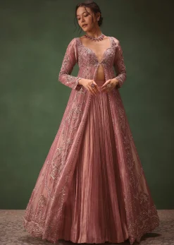 Lilac Embroidered Long Jacket With Ruched Lehenga