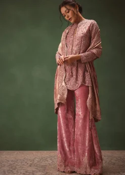 Lilac Embroidered Short Kurti Suit With Bell Bottom Pant