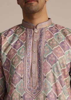 Lilac Embroidered Silk Kurta Set