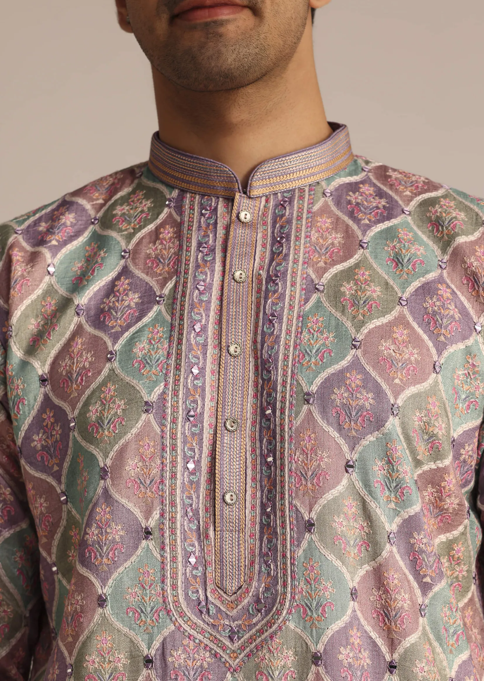 Lilac Embroidered Silk Kurta Set