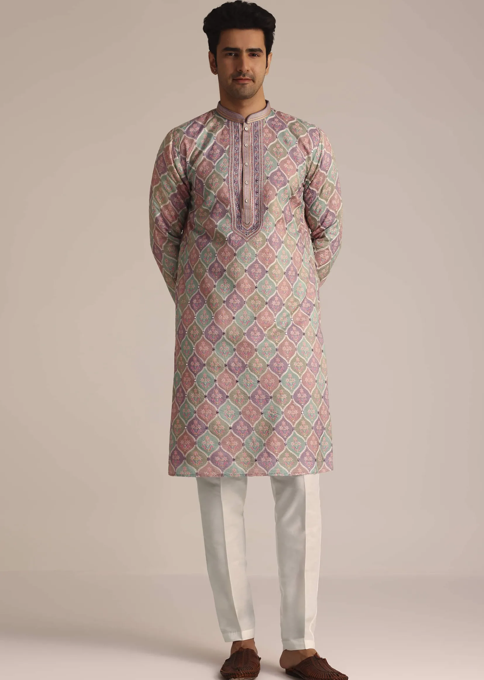 Lilac Embroidered Silk Kurta Set