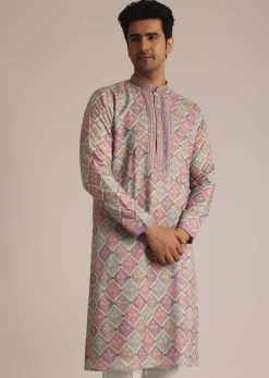 Lilac Embroidered Silk Kurta Set