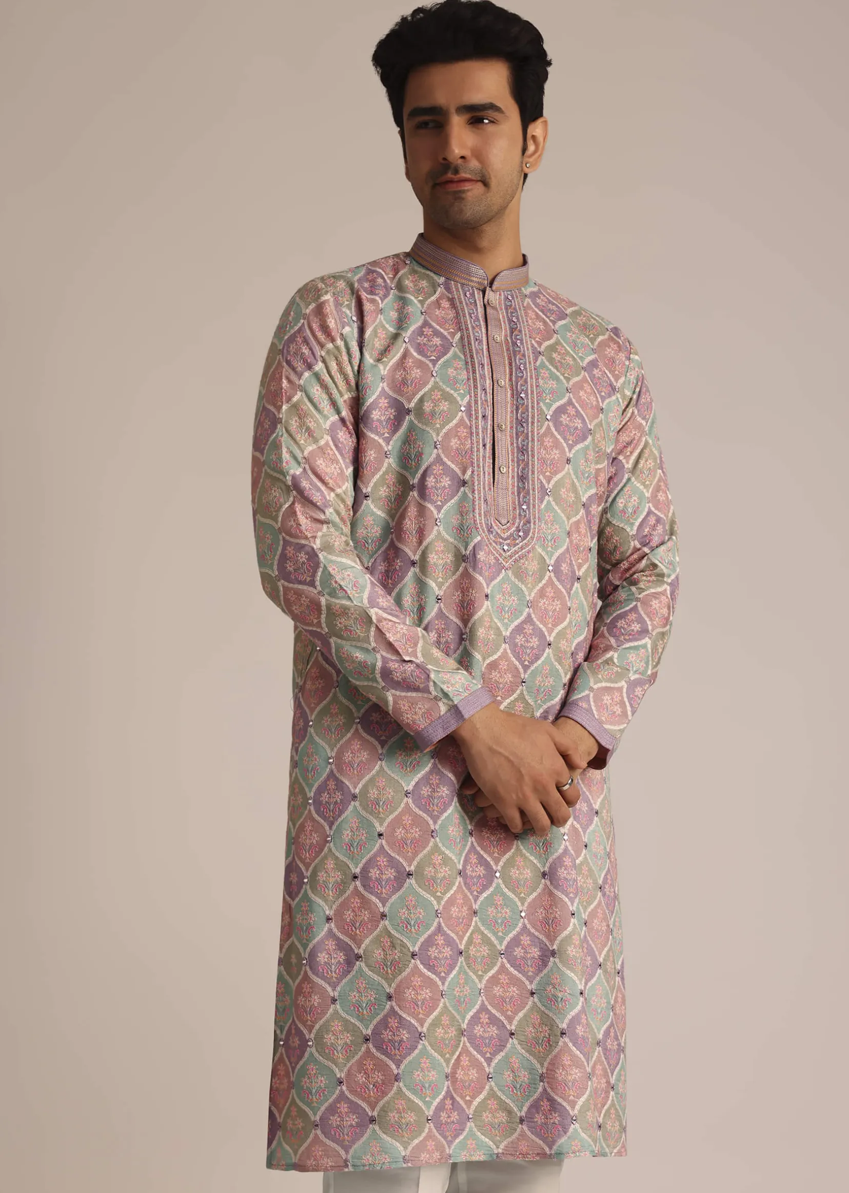 Lilac Embroidered Silk Kurta Set