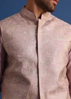 Lilac Embroidered Silk Kurta Jacket Set For Men