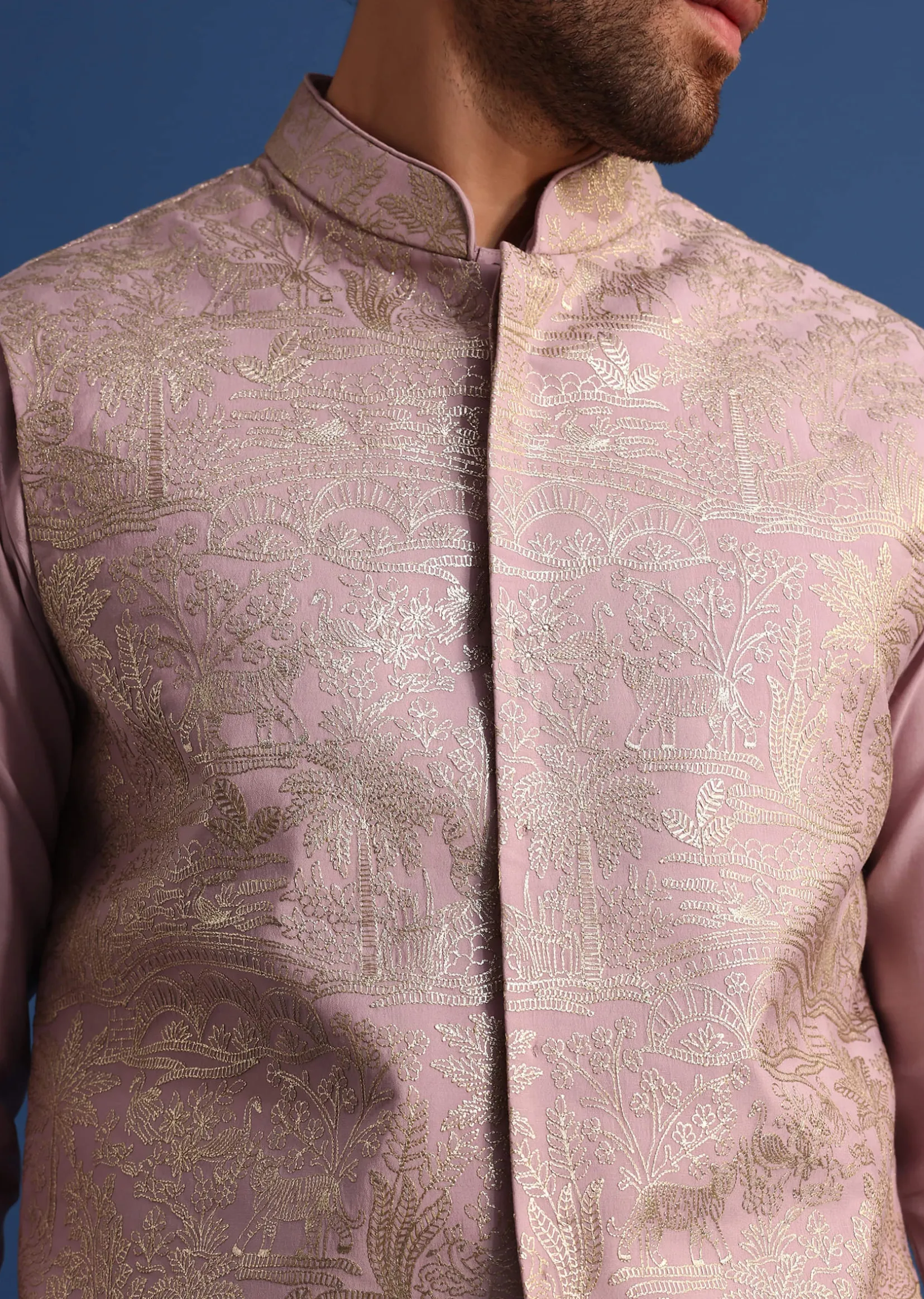 Lilac Embroidered Silk Kurta Jacket Set For Men