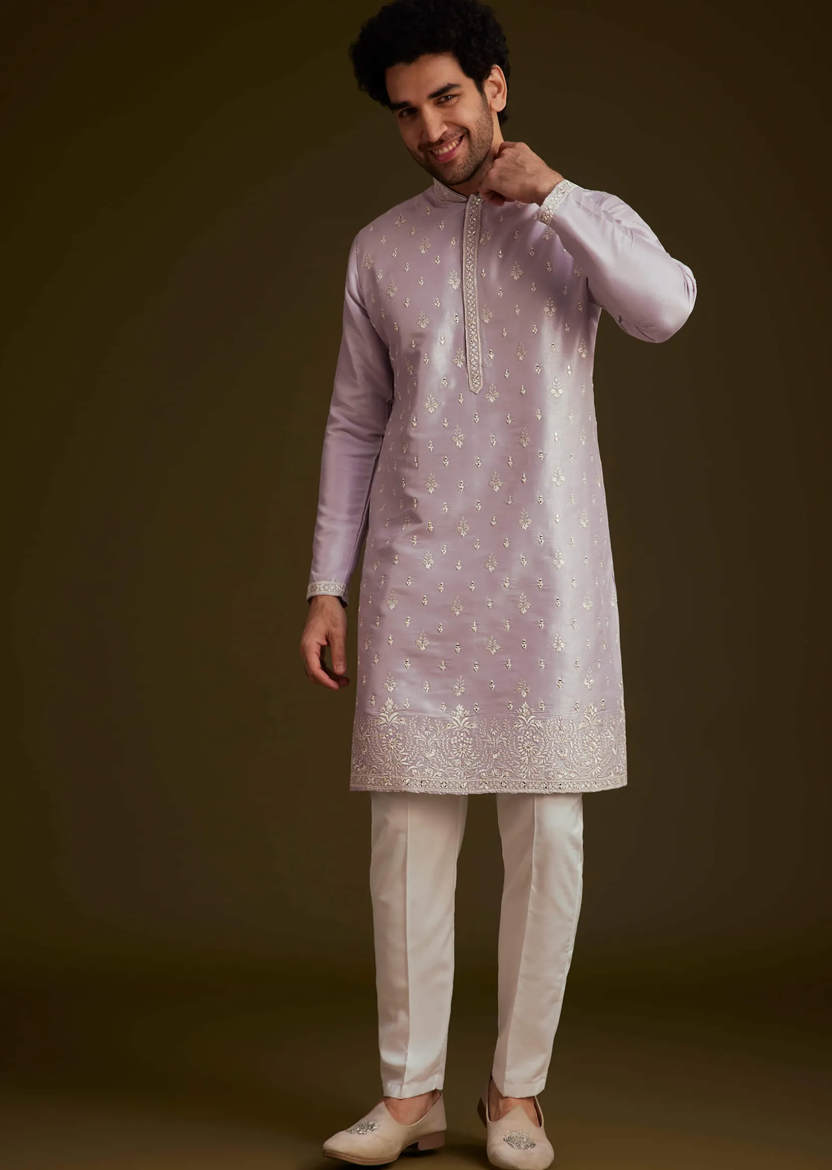 Lilac Embroidered Silk Kurta Set