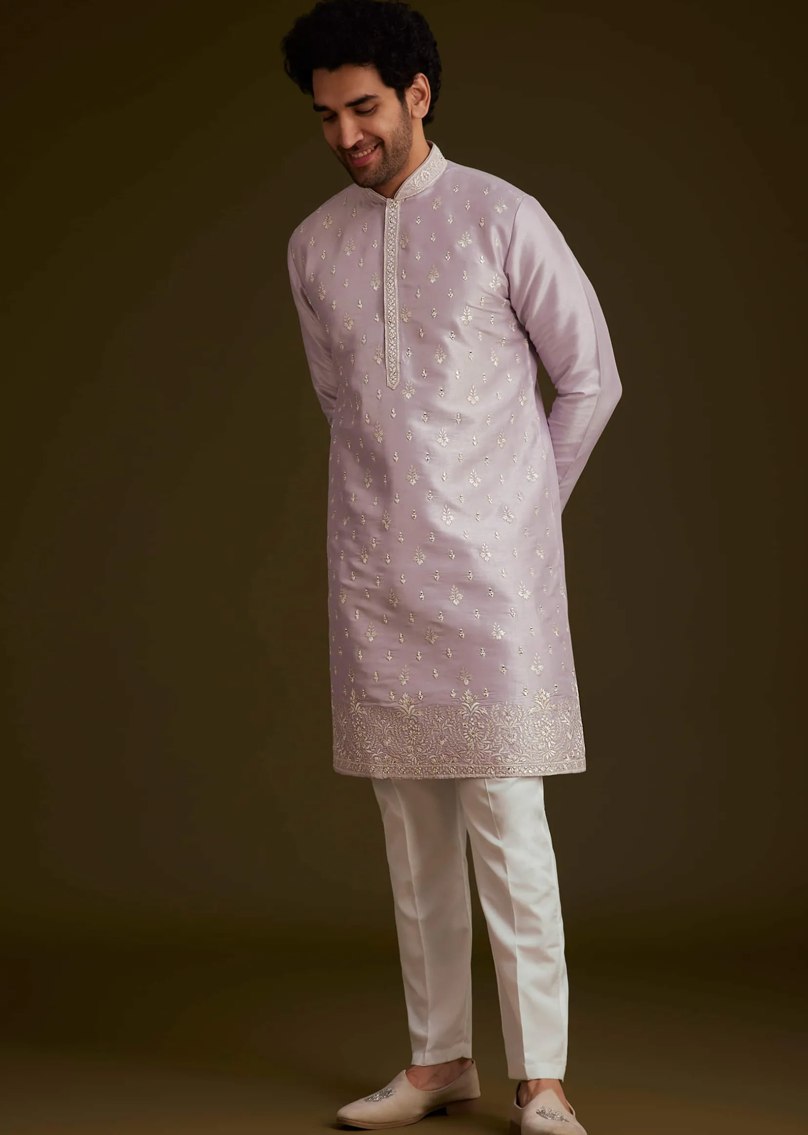 Lilac Embroidered Silk Kurta Set
