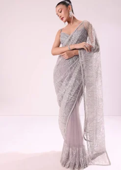 Lilac Fancy Sequence Net Saree With Ruched Stitched