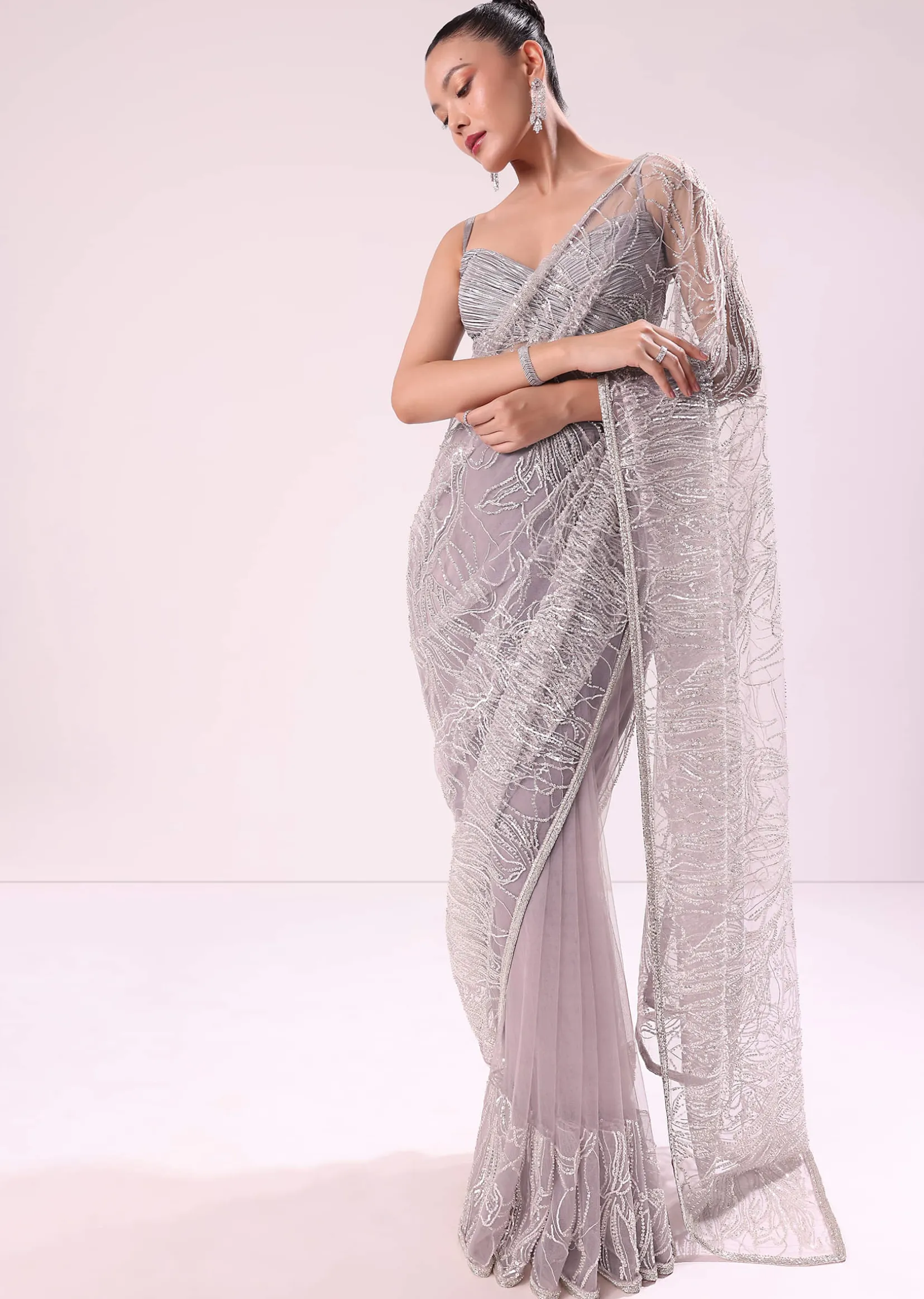 Lilac Fancy Sequence Net Saree With Ruched Stitched