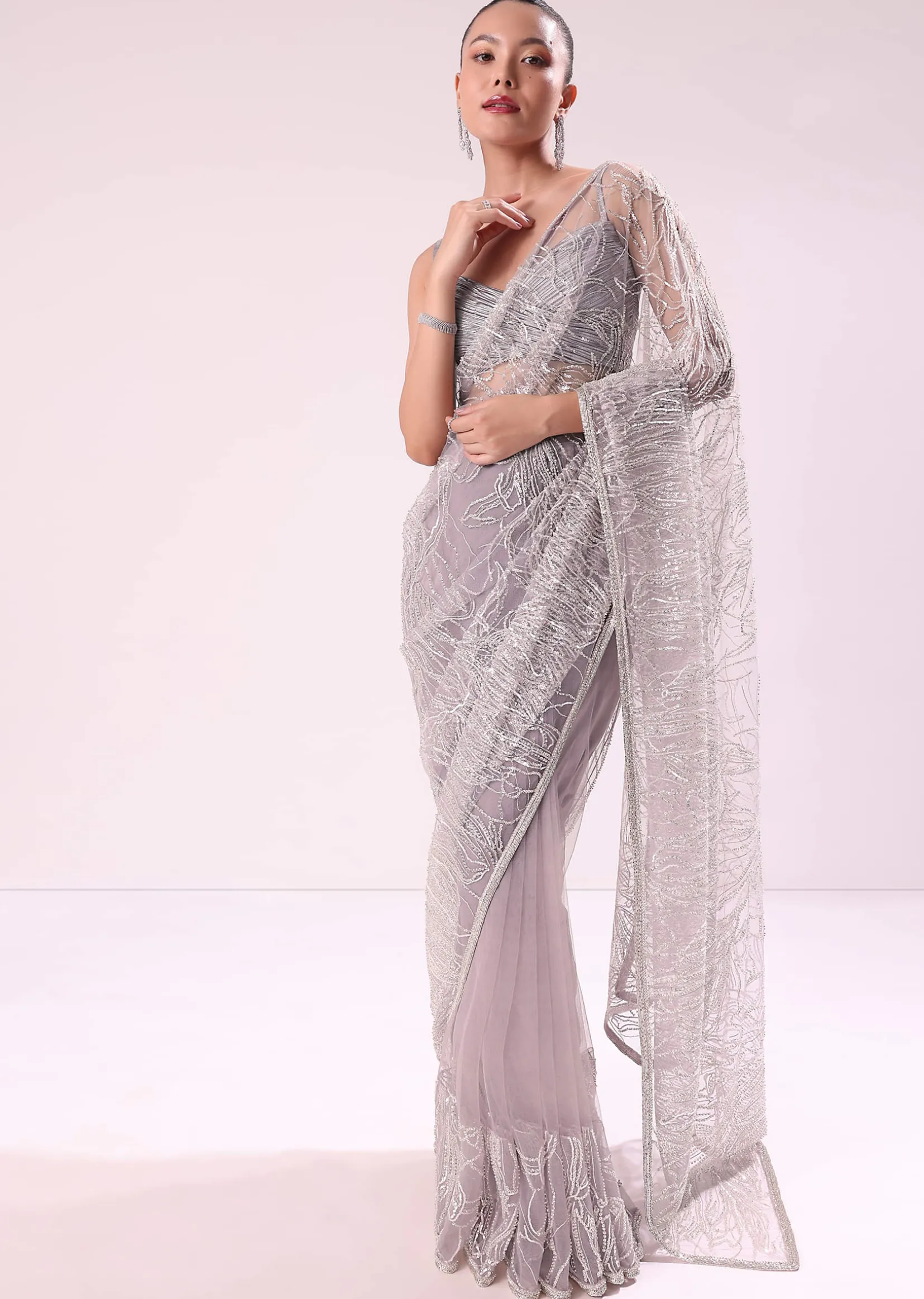 Lilac Fancy Sequence Net Saree With Ruched Stitched